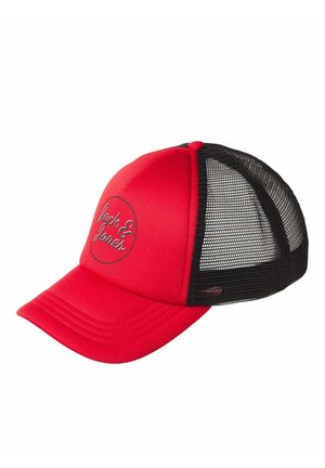 Cappello rosso con fronte rigido e retro in rete. Presenta un logo circolare ricamato in nero. Visiera curva e chiusura regolabile a snapback.