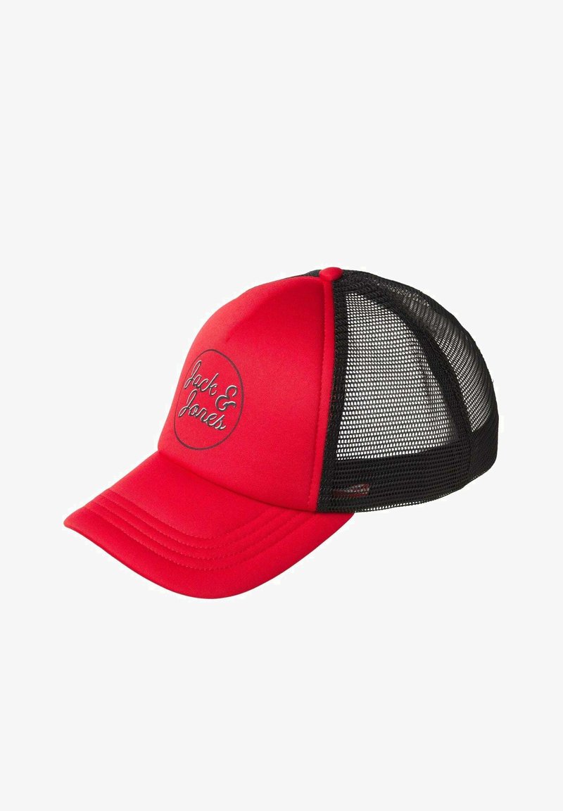 Gorra roja con una parte frontal rígida y parte trasera de malla. Cuenta con un logo circular bordado en negro. Visera curvada y cierre de snapback ajustable.