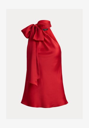 Κόκκινο σατέν αμάνικο τοπ με χαλτέρι και μεγάλο φιόγκο πλαϊνά στο ντεκολτέ, με ελαφριά φάρδια στη βάση.