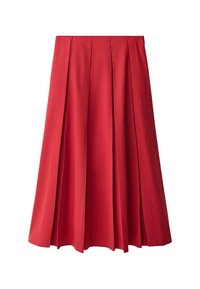 Gonna plissettata rossa realizzata in tessuto morbido, caratterizzata da un alta vita e una silhouette fluida. Nessuna chiusura visibile o ulteriori decorazioni.