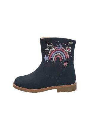 Navy suede ankle boot with textured interior, round toe, and decorative glittery rainbow, stars, and flower patterns on the side. Light brown sole.