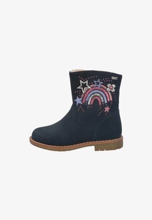 Bottes de cheville en daim bleu marine avec intérieur texturé, bout rond et motifs décoratifs de paillettes arc-en-ciel, d'étoiles et de fleurs sur le côté. Semelle beige clair.