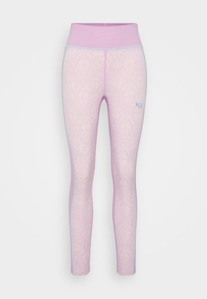 Light pink patterned leggings with high waistband and blue side detailing, shown front view on grey background.
