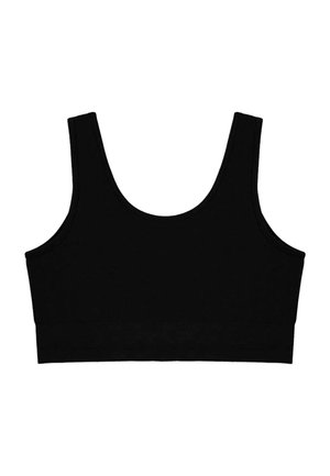 Top cortado preto com alças largas, formato retangular, textura suave e design sem costuras. Sem fechos ou embellishments.