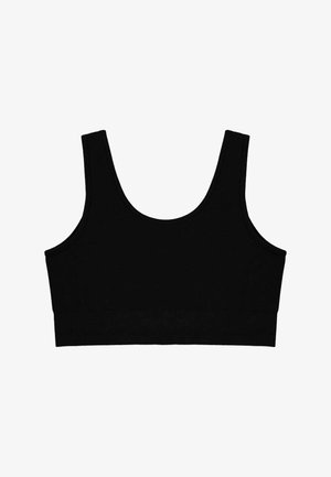 Top cortado preto com alças largas, formato retangular, textura suave e design sem costuras. Sem fechos ou embellishments.