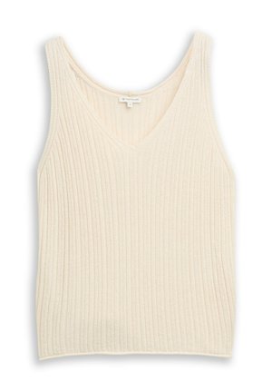 Haut sans manches en maille côtelée de couleur crème avec col en V et larges bretelles, taille petite, présenté sur un fond blanc.