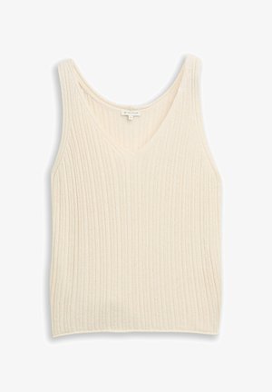 Haut sans manches en maille côtelée de couleur crème avec col en V et larges bretelles, taille petite, présenté sur un fond blanc.