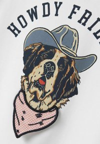 Valkoinen t-paita, jossa on graafinen kuva koirasta, joka käyttää harmaata cowboy-hattua ja punaista kuviollista huivia, tekstin "HOWDY FRIEND" ollessa ylhäällä.