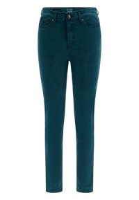 Teal skinny jeans gemaakt van een gladde katoenmix. Met een voorknopsluiting, riemlussen en klassieke vijf-pocket styling.