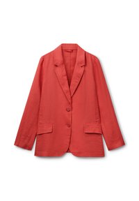Korálový lněný blazer s výstřihem do V, dvěma knoflíky a dvěma předními kapsami. Voln�ý střih s dlouhými rukávy a texturovanou látkou.