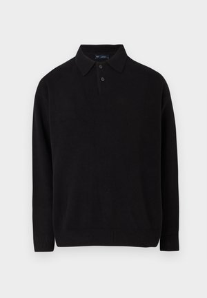 Czarny sweter z okrągłym dekoltem, z trzema guzikami, ściągaczami na mankietach i dole, wykonany z miękkiego materiału dzianinowego.