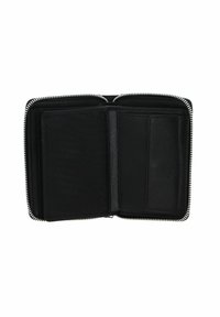 Portefeuille en cuir noir avec fermeture éclair, doté de plusieurs emplacements pour cartes et d'un intérieur texturé. Design compact avec des détails de couture.
