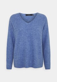Pull à col en V en maille côtelée bleue, manches longues, coupe décontractée avec épaules tombantes.