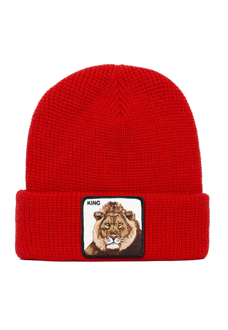 Berretto a maglia rosso con risvolto e un patch ricamato di un leone con la scritta "KING" sopra. Tessuto texturizzato e colore vivace.