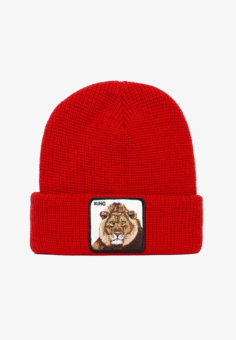 Berretto a maglia rosso con risvolto e un patch ricamato di un leone con la scritta "KING" sopra. Tessuto texturizzato e colore vivace.