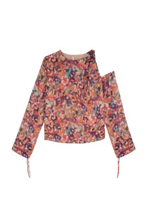 Long-sleeve blouse in sheer fabric with an abstract floral pattern in orange, purple, and teal. Features a one-shoulder design and adjustable ties.