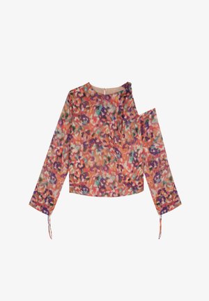 Langarm blouse van doorzichtig materiaal met een abstract bloemenpatroon in oranje, paars en teal. Kenmerkt zich door een schouderloos ontwerp en verstelbare touwtjes.
