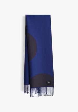 Sciarpa blu e marrone scuro con bordi frangiati, caratterizzata da un grande motivo circolare, realizzata in materiale morbido. Etichetta del marchio nera sul fondo.