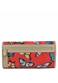 Rode portemonnee met een vlinderprint en verschillende kleurrijke ontwerpen. Zacht materiaal, met een ritsvak en beige accenten op de randen en rits.
