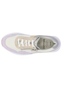 Sneaker with a textured white mesh upper, beige and lavender suede accents, silver detailing, and a zipper closure. White laces.