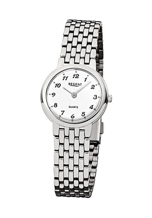 Silver Regent quartz wristwatch with white dial, black Arabic numerals, two hands, and linked metal bracelet band.