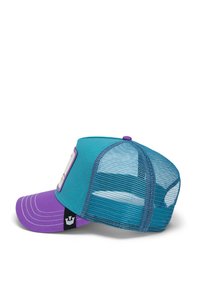 Cap with a teal front, purple peak, and mesh back. Features a logo tag on the side and contrast stitching on the brim.