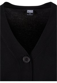 Cardigan noir avec un décolleté en V et une fermeture à un seul bouton rond. Fabriqué en matériau tricoté doux. Étiquette indiquant "Urban Classics", taille XS.