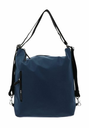 Sac à épaule bleu marine avec bretelles noires réglables, fermeture éclair argentée et poche zippée verticale sur le devant, fond blanc.