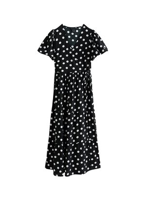 Abito avvolgente nero con pois bianchi, maniche corte a sbuffo, scollo a V, cintura in vita e gonna midi a balze.