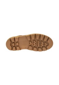 Suela de zapato de goma con profundas ranuras y de color beige. Presenta patrones de tracción y surcos para mayor agarre. Talla "42" estampada en el lateral.
