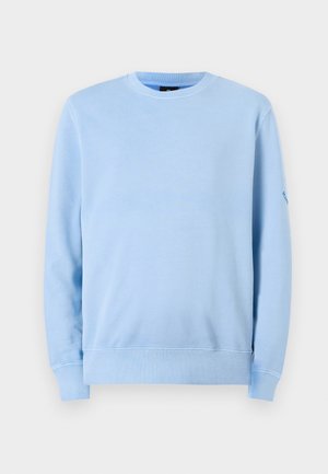 Sweatshirt azul claro em algodão, com decote redondo, mangas longas, punhos canelados e um logotipo discreto na manga esquerda.