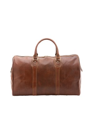 Sac de voyage en cuir marron avec poignées doubles, coutures verticales et fermeture éclair sur le dessus, présenté sur un fond blanc.