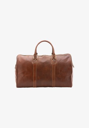 Borsa da viaggio in pelle marrone con doppie maniglie, cuciture verticali e cerniera superiore, mostrata su sfondo bianco.