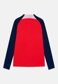 Camicia a maniche lunghe con retro rosso, maniche blu navy e un dettaglio triangolare rosa chiaro sulla parte superiore del retro vicino al colletto.