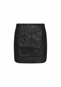 Black leather skirt with a sleek design, featuring a waistband, front pockets, and a smooth texture, tailored for a fitted silhouette.