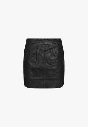 Black leather skirt with a sleek design, featuring a waistband, front pockets, and a smooth texture, tailored for a fitted silhouette.