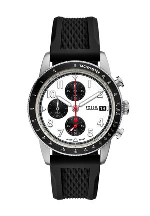 Montre chronographe Fossil avec un cadran blanc, des sous-cadrans noirs, un boîtier en acier inoxydable, un bracelet en caoutchouc texturé noir et des accents rouges sur les aiguilles.