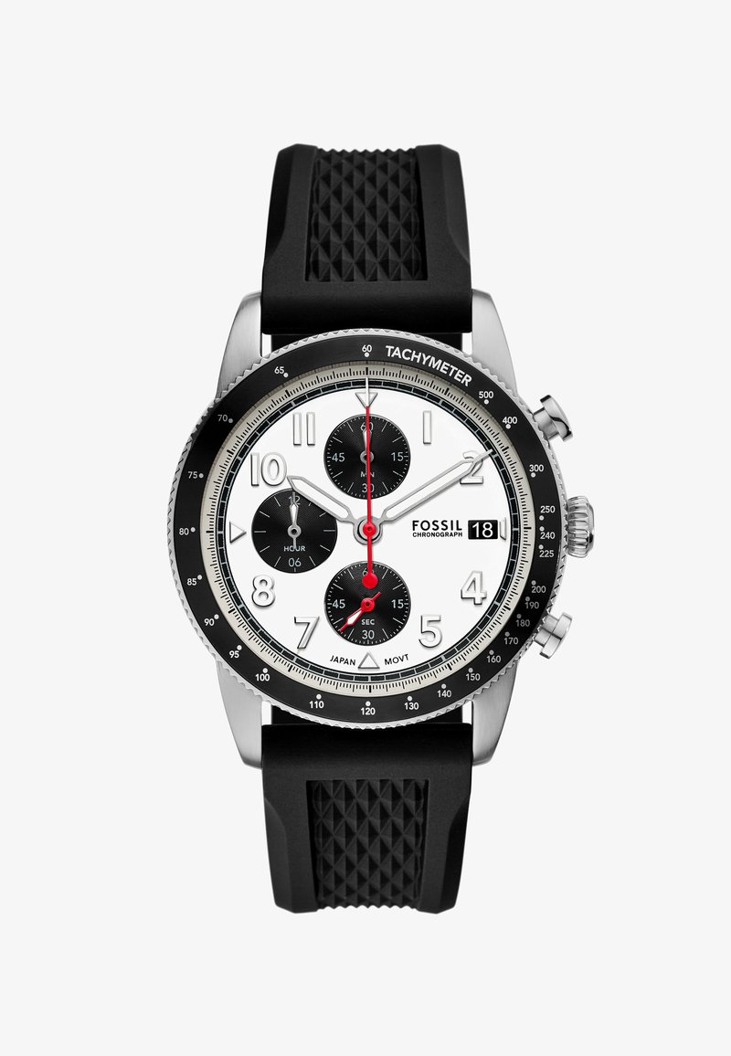 Montre chronographe Fossil avec un cadran blanc, des sous-cadrans noirs, un boîtier en acier inoxydable, un bracelet en caoutchouc texturé noir et des accents rouges sur les aiguilles.