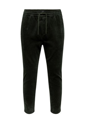 Pantalones de pana de color verde oscuro con cintura elástica, cordón ajustable y un diseño de pierna ajustada que presenta una textura de rayas verticales.