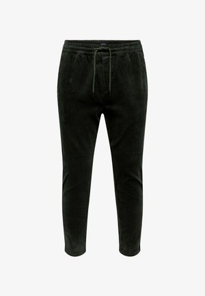 Donkergroene corduroy broek met een elastische tailleband, verstelbare trekkoorden en een taps toelopend ontwerp met verticale ribbeltextuur.