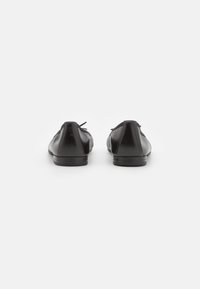 Paire de chaussures habillées en cuir noir vue de dos sur un fond blanc uni.