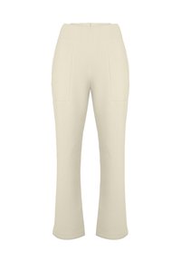 Beige højhalset bukser med en glat tekstur, der har to forlommer og en lige pasform, der ender ved anklen. Ingen synlige lukninger.