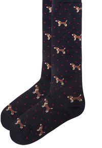Calzini blu navy con un motivo a tutto campo di cani marroni e pois bordeaux, realizzati in un materiale morbido e elasticizzato.