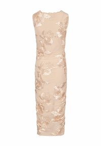 Nude květinové krajkové šaty s obepnutým střihem a ruskými detaily, bez rukávů a s třásňovým výstřihem, s reliéfními květinovými vzory po celém povrchu.