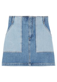 Denim mini-hame, jossa on värilohkosuunnittelu, jossa on vaaleansinisiä ja tummansinisiä paneeleja, etutaskut ja vetoketjusuljenta takana.