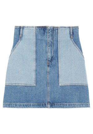 Denim mini-hame, jossa on värilohkosuunnittelu, jossa on vaaleansinisiä ja tummansinisiä paneeleja, etutaskut ja vetoketjusuljenta takana.