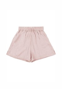 Helle pinke Leinen-Shorts mit elastischem Bund und seitlichen Taschen, lockere Passform, knielang, auf weißem Hintergrund liegend.