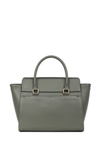 Groene nepleer handtas met gestructureerde vorm, dubbele bovenhandvatten, gouden hardware en een detail met klep aan de voorkant. Heeft ongeveer een gemiddelde maat.