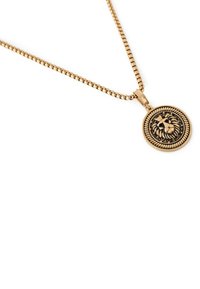 Goldene Halskette mit einem flachen, runden Anhänger, der ein graviertes Löwenmotiv zeigt. Die Kette hat einen glatten, abgerundeten Box-Stil.