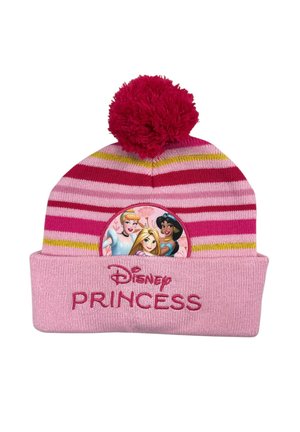 Cappello a maglia a righe rosa e rosso con pon pon, con i personaggi delle Principesse Disney e "Disney Princess" ricamato sul risvolto frontale.